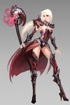  armor breasts fantasy fire glowing long_hair magic medium_breasts original smile solo staff white_hair zhang_wei_yi 