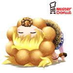  =_= bakemonogatari blonde_hair blush chibi cosplay doughnut dress food haribote_(tarao) lion long_hair mister_donut monogatari_(series) mouth_hold oshino_shinobu pon_de_lion pon_de_lion_(cosplay) solo 
