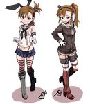  2girls amatsukaze_(kantai_collection) amatsukaze_(kantai_collection)_(cosplay) boots brown_eyes brown_hair cosplay dress elbow_gloves futami_ami futami_mami garter_straps gloves idolmaster kantai_collection knee_boots lifted_by_self multiple_girls panties panty_lift sailor_dress school_uniform serafuku shift_(waage) shimakaze_(kantai_collection) shimakaze_(kantai_collection)_(cosplay) short_dress short_hair side_ponytail striped striped_legwear thighhighs underwear wedgie zettai_ryouiki 