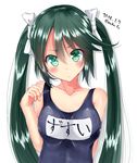  blush breasts dated green_eyes green_hair hair_between_eyes hair_ornament isuzu_(kantai_collection) kantai_collection long_hair looking_at_viewer medium_breasts mokufuu name_tag one-piece_swimsuit school_swimsuit solo swimsuit twintails twitter_username upper_body 