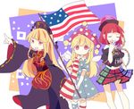  alternate_costume alternate_legwear american_flag american_flag_dress bad_id bad_twitter_id bangs bare_shoulders black_shirt blonde_hair chinese_clothes closed_eyes clothes_writing clownpiece collar crescent daizu_(melon-lemon) dress english eyebrows fairy_wings frilled_shirt_collar frills hat hecatia_lapislazuli highres index_finger_raised jester_cap junko_(touhou) long_hair long_sleeves midriff multicolored multicolored_clothes multicolored_skirt multiple_girls off-shoulder_shirt pointing polka_dot polos_crown red_eyes red_hair sash shirt short_sleeves sidelocks simple_background skirt standing star tabard thighhighs touhou white_background wide_sleeves wings yawning 