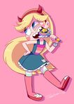  biting blonde_hair blue_eyes boots dress eyelashes hairband heart_cheeks horned_headwear long_hair sakiko_(gekiama) signature solo star_butterfly star_vs_the_forces_of_evil striped striped_legwear wand 