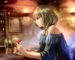  alcohol anbe_yoshirou bangs bar bare_shoulders blue_eyes blurry bottle brown_hair closed_mouth cocktail_glass cup depth_of_field drinking_glass eyelashes frame fringe_trim from_side glass holding holding_cup idolmaster idolmaster_cinderella_girls indoors lamp mole mole_under_eye off_shoulder profile short_hair sleeves_past_elbows smile solo takagaki_kaede wide_sleeves wine 