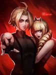  1girl adelheid_bernstein black_gloves blonde_hair brother_and_sister corset crown dress drill_hair earrings fingerless_gloves gloves highres jewelry long_hair mini_crown red_eyes ribbon rose_bernstein siblings the_king_of_fighters twin_drills twintails xiaoguimist 