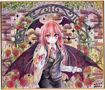  dated demon_girl demon_wings flower head_wings juliet_sleeves koakuma long_hair long_sleeves looking_at_viewer mosho puffy_sleeves red_eyes red_flower red_hair red_rose rose shikishi shirt signature skirt skirt_set smile solo touhou traditional_media very_long_hair vest wall wings 