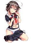  2016 ahoge black_hair black_serafuku blue_eyes braid breasts dated full_body hair_flaps hair_ornament hair_over_shoulder kantai_collection kneeling long_hair looking_at_viewer medium_breasts mokufuu navel neckerchief panties red_neckwear remodel_(kantai_collection) school_uniform serafuku shigure_(kantai_collection) shoes simple_background single_braid skirt solo torn_clothes twitter_username underwear white_background 