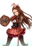  absurdres armor brown_eyes brown_hair frills granblue_fantasy highres idolmaster idolmaster_(classic) long_hair minase_iori pantyhose shield skirt solo stuffed_animal stuffed_toy very_long_hair yatsuka_(846) 