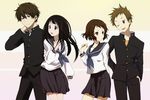  2girls black_hair brown_eyes brown_hair chitanda_eru fukube_satoshi gakuran green_eyes hare_(hal0331) hyouka ibara_mayaka long_hair multiple_boys multiple_girls oreki_houtarou purple_eyes red_eyes school_uniform serafuku short_hair wrist_extended 