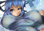  blue_dress blue_eyes blue_hair breasts dress flower from_below hair_ornament hair_rings hair_stick kaku_seiga large_breasts looking_at_viewer shawl smile solo touhou umigarasu_(kitsune1963) upper_body 