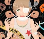  bandages bandaid bandaid_on_finger brown_hair caution_tape censored commentary disembodied_limb eyepatch green_eyes jpeg_artifacts keep_out looking_at_viewer marker mask medical_eyepatch mosaic_censoring open_mouth original short_hair solo_focus star surgical_mask viewfinder wand yajirushi_(chanoma) 