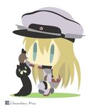  artist_name bismarck_(kantai_collection) blonde_hair blue_eyes cat chameleon_man_(three) chibi commentary_request flat_color hat kantai_collection long_hair no_lineart peaked_cap solo unsinkable_sam 