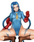  1girl blue_hair boots braid breasts cammy_white cammy_white_(cosplay) clenched_hand cosplay fingerless_gloves gloves hand_on_thigh highleg highleg_leotard jinx_(league_of_legends) league_of_legends leotard long_hair metalbolic necktie pink_eyes ribbed_leotard simple_background solo spread_legs squatting street_fighter street_fighter_zero tattoo twin_braids very_long_hair white_background 