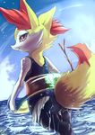  anthro blush braixen clothing cloud female fur inner_tube looking_at_viewer looking_back magiace nintendo pok&eacute;mon red_eyes sky solo stick sunshine swimsuit video_games water wet wet_fur yellow_fur 