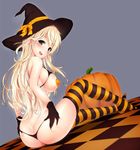  :d alternate_costume ass atago_(kantai_collection) bare_shoulders black_gloves blonde_hair blush breasts butt_crack checkered checkered_floor commentary_request gloves green_eyes halloween_costume hat kantai_collection large_breasts long_hair looking_at_viewer looking_back nironiro open_mouth panties pasties pumpkin ribbon sitting smile solo string_panties striped striped_legwear thighhighs underwear witch_hat 