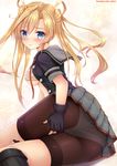  abukuma_(kantai_collection) artist_name ass blonde_hair blue_eyes blush breasts fingerless_gloves gloves highres kantai_collection looking_at_viewer medium_breasts obiwan panties pleated_skirt remodel_(kantai_collection) revision skirt solo twintails twitter_username underboob underwear 