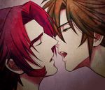  brown_hair closed_eyes imminent_kiss male_focus multiple_boys nuzuki_(mamewo) open_mouth otegine profile red_eyes red_hair tonbokiri_(touken_ranbu) touken_ranbu yaoi 