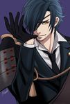  armor biting black_gloves black_hair eyepatch glove_biting gloves japanese_armor male_focus mouth_hold necktie nuzuki_(mamewo) shokudaikiri_mitsutada shoulder_armor smile sode solo touken_ranbu yellow_eyes 