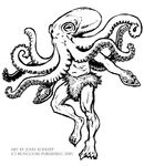  2010 black_and_white cephalopod claws clothed clothing glorantha john_kohlepp male marine monochrome octopus official_art simple_background solo tentacles topless walktapus white_background 