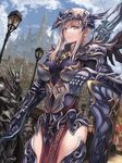 1girl agetake armor armored_dress blonde_hair breasts castle crossed_arms fantasy gauntlets helmet highres holding holding_weapon knight lamppost large_breasts long_hair looking_at_viewer original polearm purple_eyes shield thighhighs weapon 