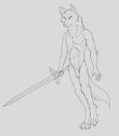  agera animal_genitalia anthro balls canine carmyne claws digital_media_(artwork) digitigrade fur holding_object holding_weapon male mammal melee_weapon nude orange_eyes sheath simple_background solo sword weapon wolf 