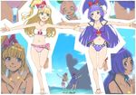  :d akinbo_(hyouka_fuyou) anklet asahina_mirai ass bad_id bad_pixiv_id bandeau bangs bikini blonde_hair blue_eyes blue_hair blunt_bangs blush_stickers bracelet breasts cleavage commentary_request cure_magical cure_miracle earrings grin ha-chan_(mahou_girls_precure!) hair_ornament hat izayoi_liko jewelry long_hair looking_at_another looking_at_viewer mahou_girls_precure! medium_breasts multiple_girls navel open_mouth outstretched_arms pink_hair precure side_ponytail smile swimsuit teeth 