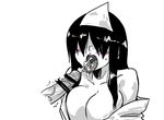  bar_censor black_hair blush breasts censored cleavage cum cum_in_mouth cum_on_tongue disembodied_penis ejaculation greyscale hair_over_eyes large_breasts limited_palette monochrome open_mouth original penis seki_(red_shine) solo spot_color triangular_headpiece 