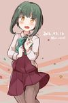  2016 anniversary blouse blush bow bowtie brown_eyes commentary_request confetti dated dress green_hair kantai_collection open_mouth pantyhose riz_(ravel_dc) short_hair sleeveless sleeveless_dress solo takanami_(kantai_collection) twitter_username v white_blouse 