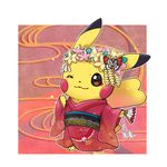  bad_id bad_pixiv_id brown_eyes clothed_pokemon fan folding_fan gen_1_pokemon gen_2_pokemon gen_6_pokemon hair_ornament ho-oh japanese_clothes kimono looking_at_viewer makeup no_humans one_eye_closed pikachu pokemon pokemon_(creature) solo vivillon zrae 