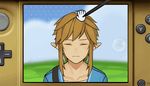 1boy animated animated_gif blonde_hair blush grass link looking_at_viewer male_focus nintendo nintendo_ds pokemon pokemon-amie solo the_legend_of_zelda wince 