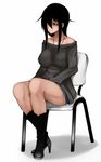  3: aoshima bags_under_eyes black_eyes black_footwear black_hair boots breasts chair collarbone commentary_request empty_eyes frown full_body hair_over_one_eye high_heel_boots high_heels highres large_breasts legs lips lipstick long_hair makeup off-shoulder_shirt original sad shirt short_shorts shorts sitting solo 