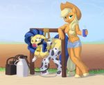  2016 absurd_res anthro anthrofied applejack_(mlp) areola ball_gag big_breasts blonde_hair bound breast_milking breasts clothed clothing cowbell duo earth_pony equine fan_character female freckles friendship_is_magic gag green_eyes hair hands_behind_back hi_res horse lactating legwear long_hair machine mammal milking_machine milky_way_(character) multicolored_hair my_little_pony nipples outside pony shorts siansaar thigh_highs topless two_tone_hair 
