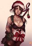  box breasts brown_hair christmas cleavage collarbone front-tie_top gift gift_box gloves green_eyes green_gloves gun hat kachima large_breasts lips long_hair metal_gear_(series) metal_gear_solid_v nose pantyhose ponytail quiet_(metal_gear) ribbon rifle santa_hat sniper_rifle solo suspenders torn_clothes torn_legwear weapon 