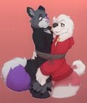 2016 amber_eyes anthro bangs blush bound bound_together brown_eyes brown_nose bulge canine claws clothed clothing digital_media_(artwork) dog duo ear_piercing eyebrows family_guy fangs fur grey_fur hair hi_res hoodie jasper_(family_guy) male male/male mammal open_mouth pants piercing pink_nose purple_fur rope seth-iova shirt shorts simple_background smile standing white_fur white_hair wolf 