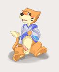  3_toes 4_fingers animal_genitalia animal_penis balls blush bottomless buizel canine_penis clothed clothing clothing_lift knot nintendo open_mouth penis pok&eacute;mon precum sheath shirt shirt_lift simple_background sitting solo toes video_games zuriku 