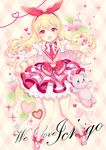  aikatsu! aikatsu!_(series) blonde_hair blush bow dress english food frilled_dress frills fruit full_body hair_bow hairband heart hoshimiya_ichigo long_hair looking_at_viewer necktie open_mouth outstretched_arms red_eyes shoes short_sleeves solo star strawberry stuffed_animal stuffed_toy teddy_bear wasabi_(sekai) 