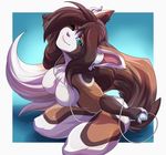  breasts brown_fur brown_hair butt cat feline female fluffy_tail fur hair lapres looking_at_viewer mammal nude one_eye_closed smile solo white_fur 