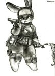  2016 anthro arkomeda black_and_white breasts canine clothed clothing disney duo explosives female firearms fox fur grenade grey_fur gun hair handgun helmet hi_res judy_hopps lagomorph legpads long_ears machine_gun male mammal monochrome nick_wilde pistol pouches rabbit radio ranged_weapon simple_background smile traditional_media_(artwork) weapon white_background zootopia 