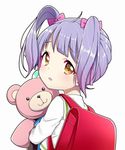  backpack bag blush brown_eyes commentary_request from_behind hair_ribbon kumamakura_kurumi long_hair looking_at_viewer looking_back musaigen_no_phantom_world open_mouth purple_hair randoseru ribbon school_uniform simple_background solo stuffed_animal stuffed_toy suzuki_moeko teddy_bear twintails white_background 