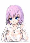  blue_eyes blush breasts highres medium_breasts original see-through short_hair simple_background smile solo white_background yeyong 