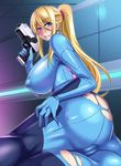  1girl ass blonde_hair bodysuit breasts gun huge_breasts megane_man metroid samus_aran torn_clothes weapon 