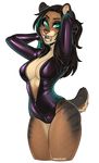  anthro blue_eyes breasts brown_hair cleavage clothed clothing feline female fishnet fur hair long_hair looking_at_viewer mammal rubber saber-toothed_cat smile solo thick_thighs wide_hips xenthyl 