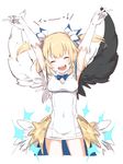  :d ^_^ arms_up black_wings blonde_hair blue_ribbon breasts closed_eyes cosplay dungeon_ni_deai_wo_motomeru_no_wa_machigatteiru_darou_ka gloves hestia_(danmachi) hestia_(danmachi)_(cosplay) maaru_(shironeko_project) medium_breasts open_mouth rei_no_himo ribbon senobi_(senoby) shironeko_project smile solo white_gloves white_wings wings 