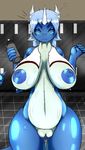  anthro areola big_breasts blue_hair bottle breasts clitoris dragonair eyes_closed hair horn nintendo nipples nude pok&eacute;mon pussy quin-nsfw smile solo standing towel video_games 