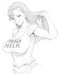  armpit_hair asymmetrical_bangs bangs breasts clothes_writing commentary_request covered_nipples cowboy_shot dairoku_tenma girls_und_panzer greyscale grin hand_in_hair large_breasts long_hair mega_milk meme_attire midriff monochrome muscle navel nishi_kinuyo panties shirt short_sleeves simple_background smile solo stomach t-shirt underwear very_long_hair white_background 