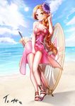  absurdres artist_request bare_shoulders beach blush breasts brown_eyes cleavage closed_umbrella contrapposto day flower full_body hair_flower hair_ornament highres league_of_legends leona_(league_of_legends) long_hair looking_at_viewer medium_breasts orange_hair outdoors parasol ponytail pool_party_leona sand sandals sarong shore solo standing summer sunflower_hair_ornament surfboard swimsuit umbrella very_long_hair water yanjing_kong 