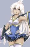  :o arm_up armpits bare_shoulders blue_background dark_skin dress gauntlets granblue_fantasy kz_nagomiya long_hair looking_at_viewer red_eyes shield simple_background skirt solo sword thighhighs very_long_hair weapon white_hair zooey_(granblue_fantasy) 