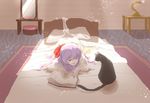  barefoot bed bed_sheet black_cat book bow cat ellen_(majo_no_ie) indoors lamp large_bow leg_up long_hair lying majo_no_ie mirror on_stomach pillow purple_hair red_bow solo sunlight table the_pose uru_chimai yellow_eyes 