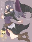  alternate_costume amamiya_(alice413) bangs black_eyes black_hair blush boots breasts cleavage fire_emblem fire_emblem_if grey_background hat heart lamp long_hair medium_breasts solo syalla_(fire_emblem_if) two_side_up witch witch_hat 