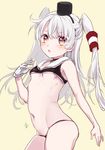  amatsukaze_(kantai_collection) blush breasts brown_eyes gloves hair_tubes hairband kantai_collection long_hair mirakururu navel open_mouth silver_hair single_glove small_breasts solo swimsuit two_side_up underboob 