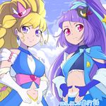  2girls asahina_mirai black_hat blonde_hair blue_gloves bridal_gauntlets choker cloud commentary_request cure_magical cure_miracle dated day gloves hat izayoi_liko long_hair magical_girl mahou_girls_precure! midriff mini_hat mini_witch_hat multiple_girls navel pink_eyes pink_hat ponytail precure purple_eyes purple_hair sapphire_style sky smile white_gloves wide_ponytail witch_hat yoshimune 